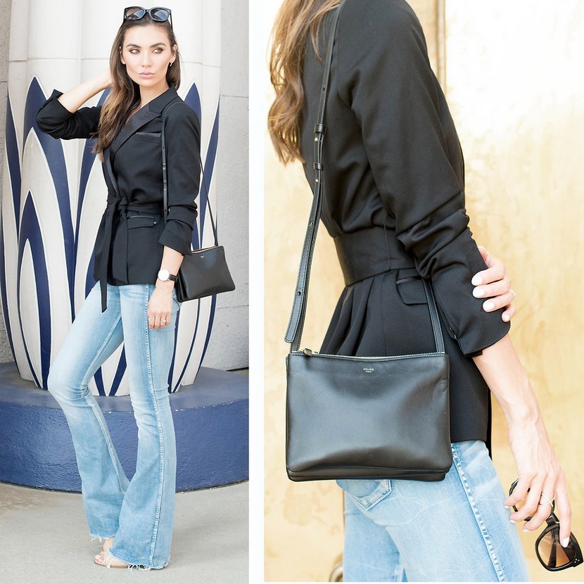 джинсы клеш с черным жакетом