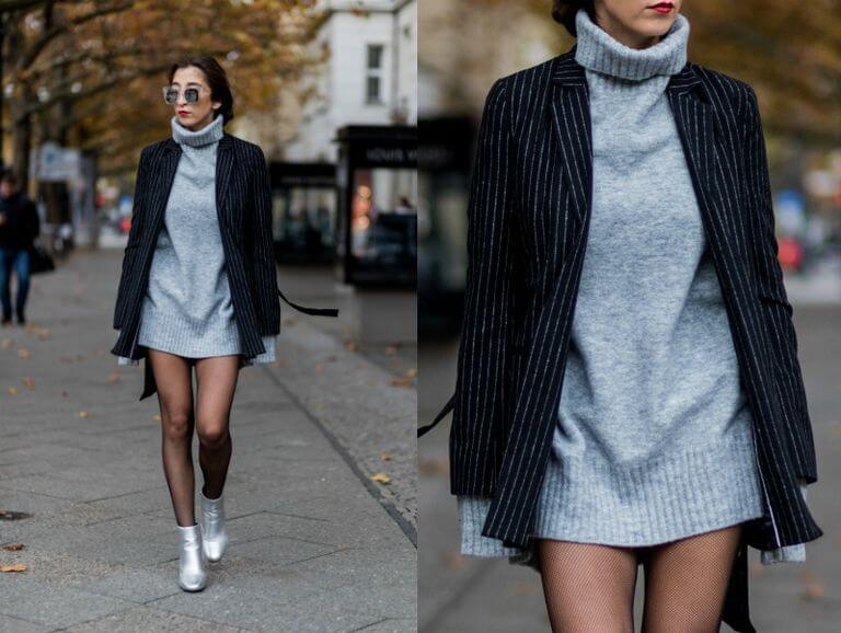 серая водолазка-платье с жакетом