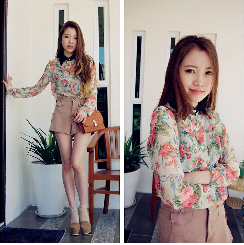 шорты с завышенной талией, цветочная блуза