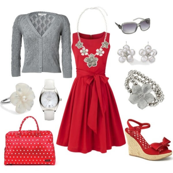 лук с красным платьем и серым кардиганом