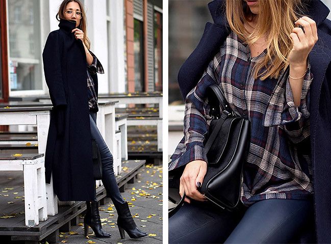 Длинное пально, блузка в клетку, леггинсы
