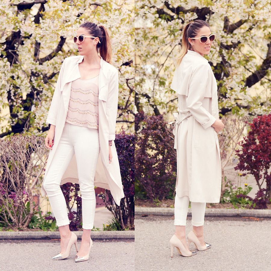 Белые брюки с бежевыми туфлями
