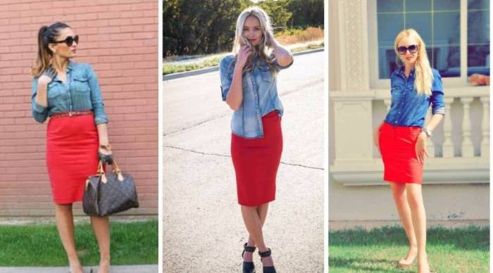 Джинсовая рубашка с красной юбкой карандаш