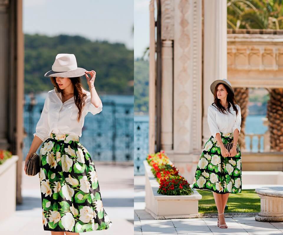 рубашка с юбкой-миди и шляпой