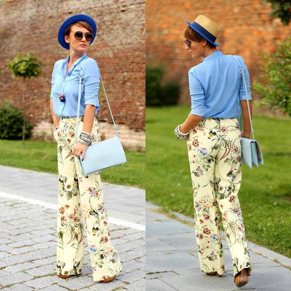 голубая рубашка с брюками с принтом