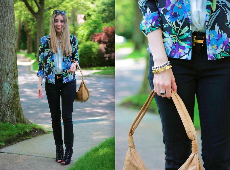 Цветочный жакет, черные брюки